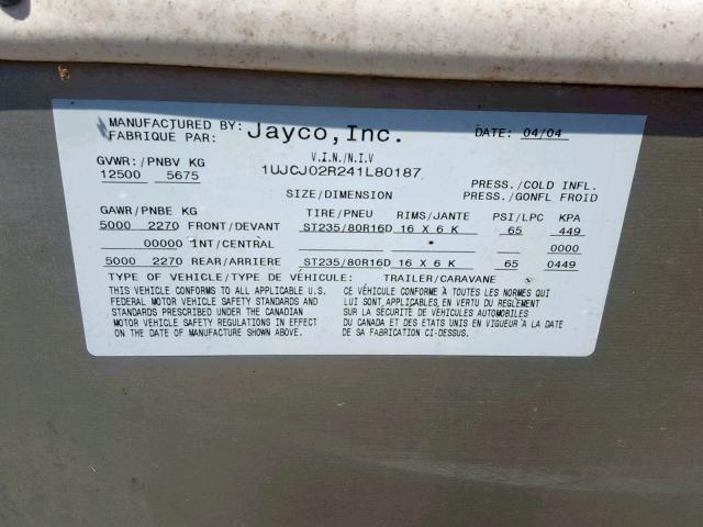 1UJCJ02R241L80187 - 2004 JAYCO 5TH WHEEL WHITE photo 10