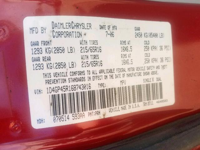 1D4GP45R16B743016 - 2006 DODGE CARAVAN SX RED photo 10