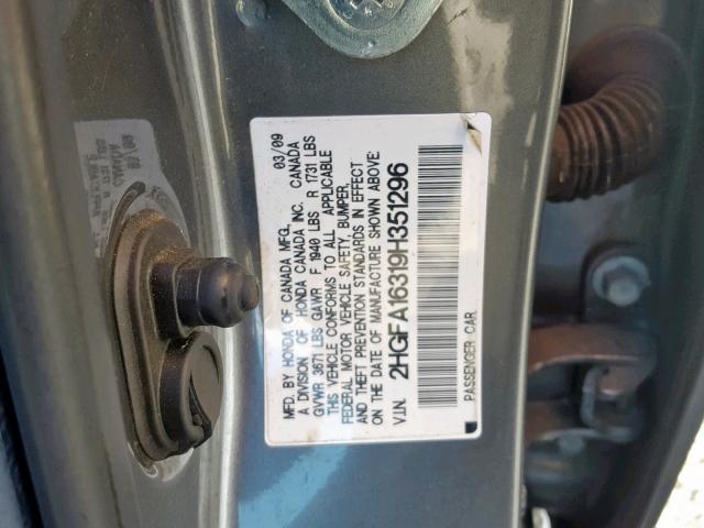 2HGFA16319H351296 - 2009 HONDA CIVIC VP GRAY photo 10