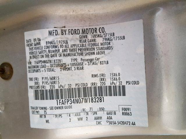 1FAFP34N07W183281 - 2007 FORD FOCUS ZX4 SILVER photo 10