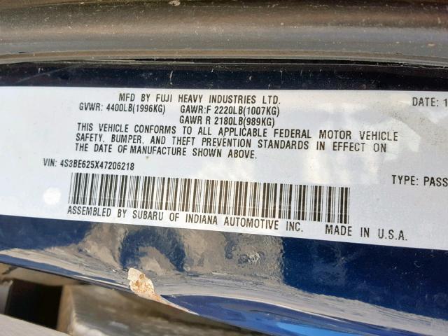 4S3BE625X47206218 - 2004 SUBARU LEGACY L S BLUE photo 10