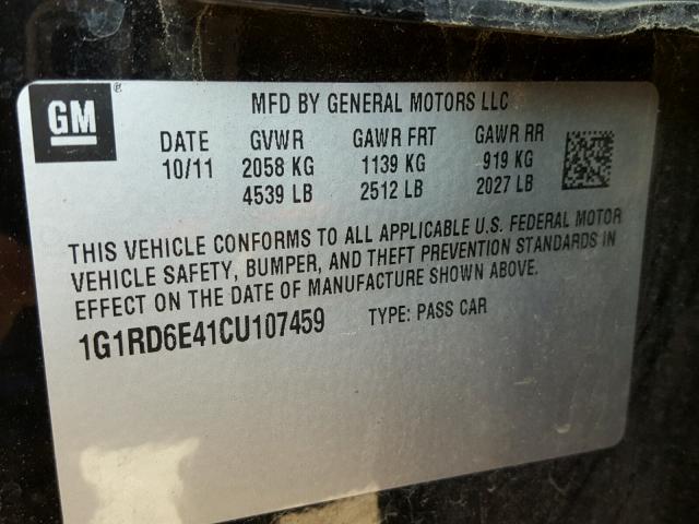 1G1RD6E41CU107459 - 2012 CHEVROLET VOLT BLACK photo 10