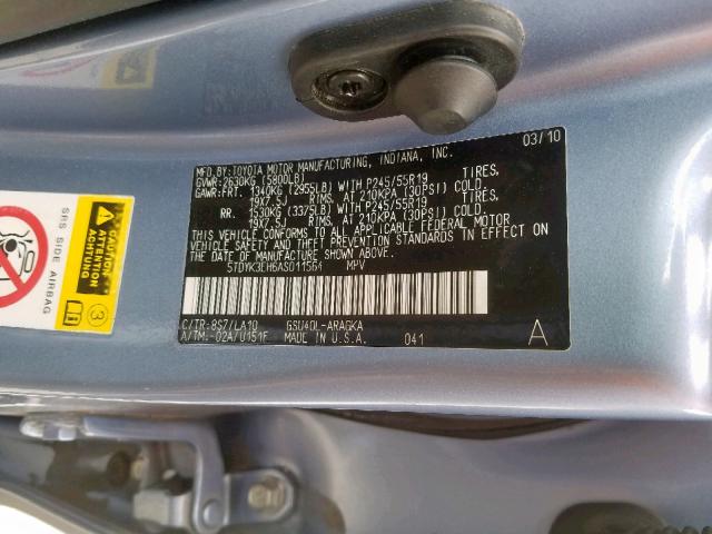 5TDYK3EH6AS011564 - 2010 TOYOTA HIGHLANDER BLUE photo 10