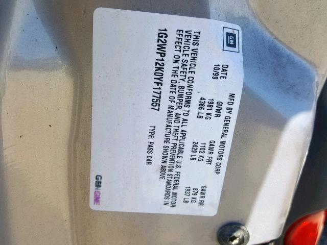 1G2WP12K0YF177557 - 2000 PONTIAC GRAND PRIX SILVER photo 10