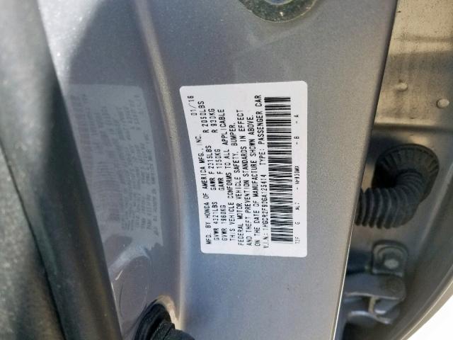 1HGCR2F90GA125414 - 2016 HONDA ACCORD EXL SILVER photo 10