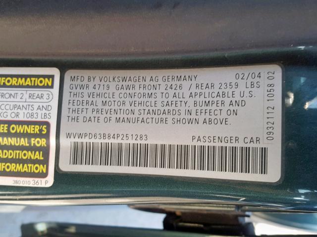 WVWPD63B84P251283 - 2004 VOLKSWAGEN PASSAT GLS GREEN photo 10