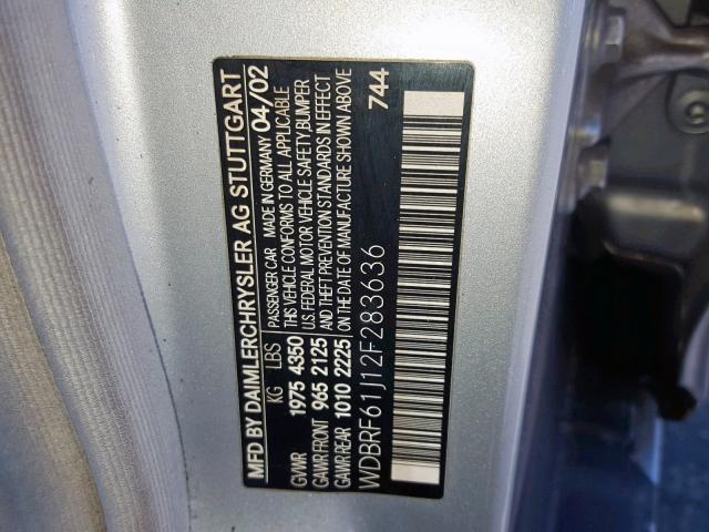 WDBRF61J12F283636 - 2002 MERCEDES-BENZ C 240 SILVER photo 10