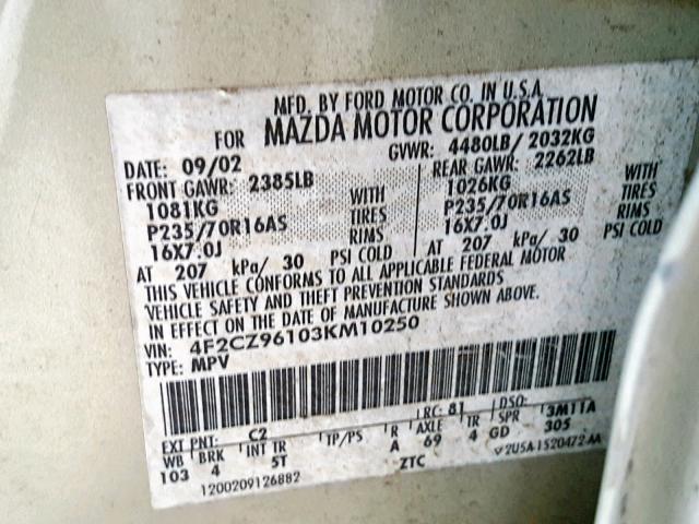 4F2CZ96103KM10250 - 2003 MAZDA TRIBUTE ES 银色 照片 10