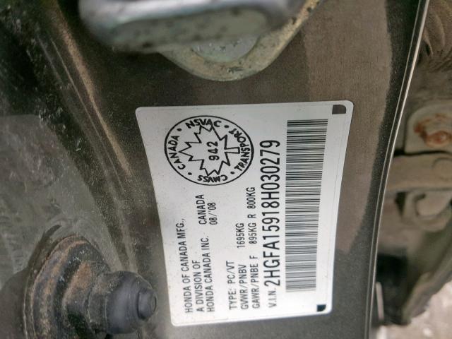 2HGFA15918H030279 - 2008 HONDA CIVIC EXL 灰色 照片 10