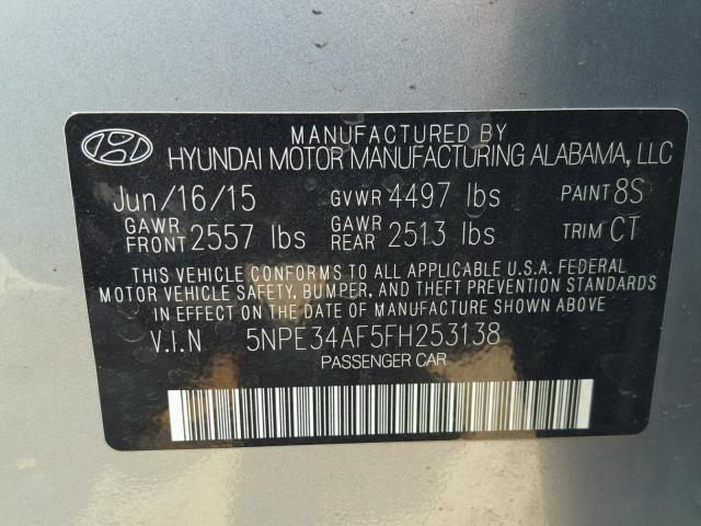 5NPE34AF5FH253138 - 2015 HYUNDAI SONATA SPO SILVER photo 10