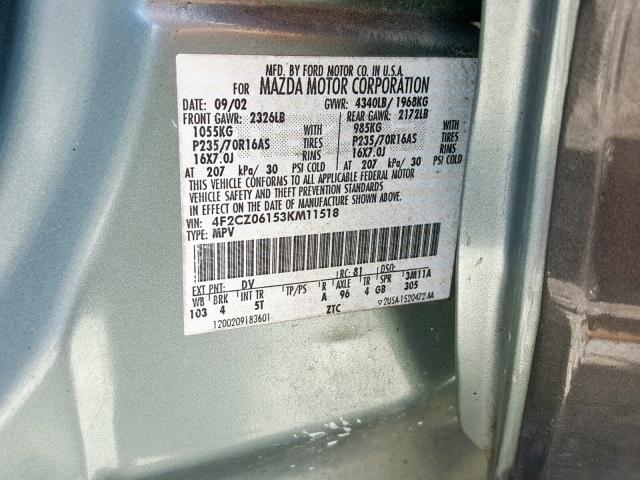 4F2CZ06153KM11518 - 2003 MAZDA TRIBUTE ES 银色 照片 10