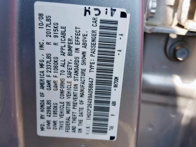 1HGCP26499A058647 - 2009 HONDA ACCORD LXP SILVER photo 10