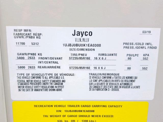 1UJBJ0BU8K1EA0308 - 2019 JAYCO EAGLE  GRAY photo 10