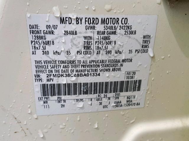 2FMDK38C88BA01334 - 2008 FORD EDGE SEL CREAM photo 10