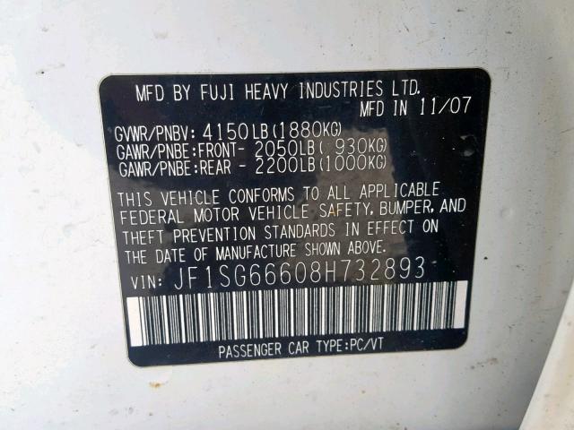 JF1SG66608H732893 - 2008 SUBARU FORESTER S WHITE photo 10