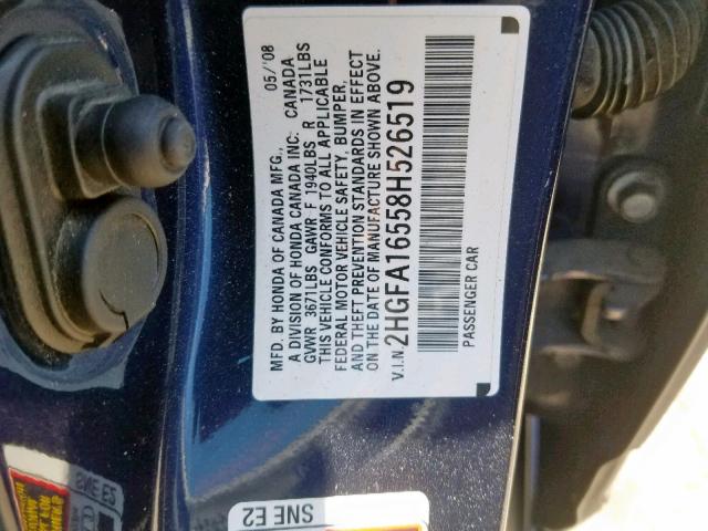 2HGFA16558H526519 - 2008 HONDA CIVIC LX BLUE photo 10