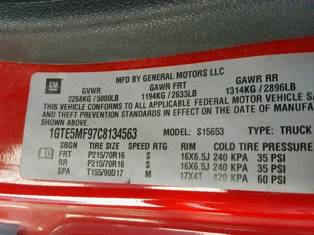 1GTE5MF97C8134563 - 2012 GMC CANYON SLE RED photo 10