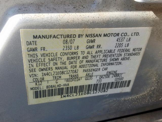 1N4CL21E08C127082 - 2008 NISSAN ALTIMA HYB SILVER photo 10