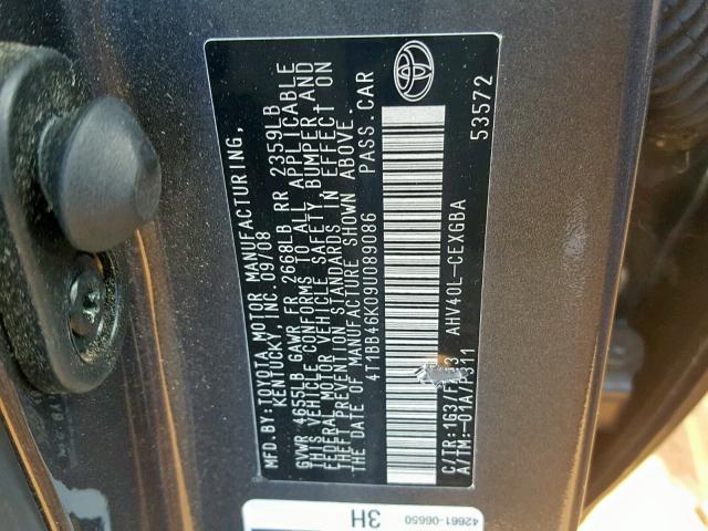 4T1BB46K09U089086 - 2009 TOYOTA CAMRY HYBR GRAY photo 10