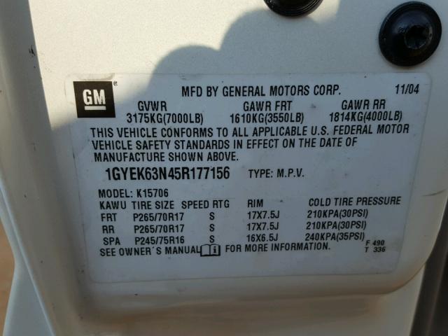 1GYEK63N45R177156 - 2005 CADILLAC ESCALADE L WHITE photo 10