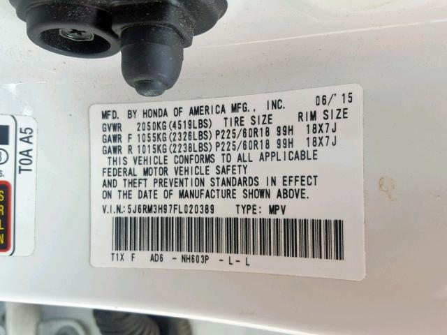 5J6RM3H97FL020389 - 2015 HONDA CR-V TOURI WHITE photo 10