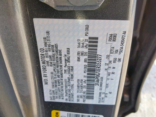 3FA6P0G7XER355277 - 2014 FORD FUSION S GRAY photo 10