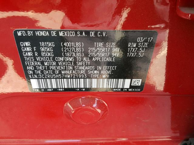 3CZRU5H57HM721993 - 2017 HONDA HR-V EX RED photo 10