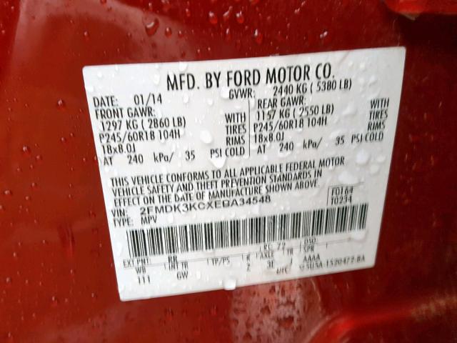 2FMDK3KCXEBA34548 - 2014 FORD EDGE LIMIT MAROON photo 10