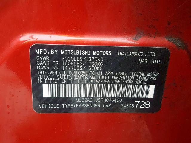 ML32A3HJ5FH046490 - 2015 MITSUBISHI MIRAGE DE RED photo 10