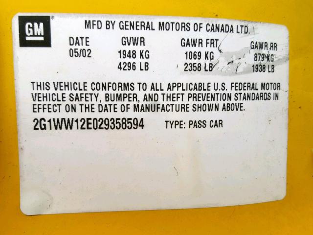 2G1WW12E029358594 - 2002 CHEVROLET MONTE CARL YELLOW photo 10