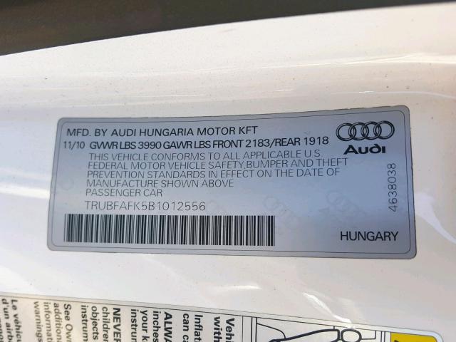 TRUBFAFK5B1012556 - 2011 AUDI TT PREMIUM WHITE photo 10