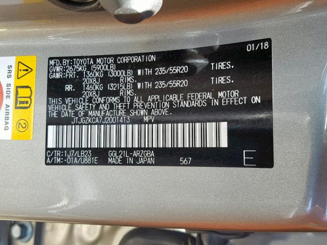 JTJGZKCA7J2001413 - 2018 LEXUS RX 350 L GRAY photo 10