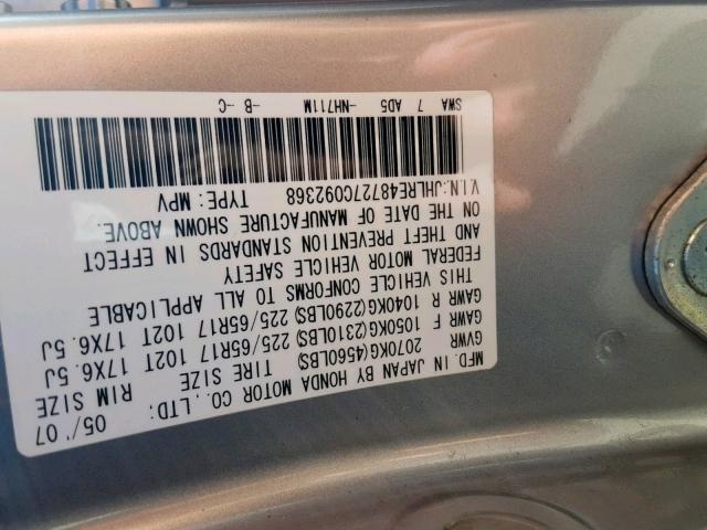 JHLRE48727C092368 - 2007 HONDA CR-V EXL SILVER photo 10