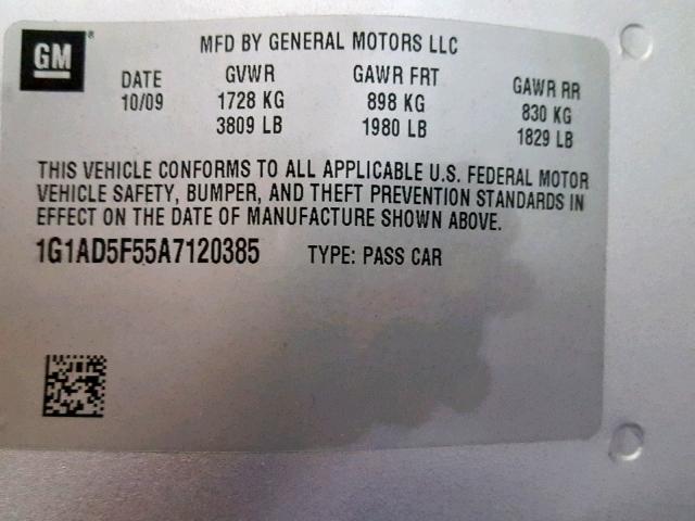 1G1AD5F55A7120385 - 2010 CHEVROLET COBALT 1LT SILVER photo 10