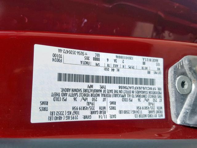 1FMCU9J9XFUA75658 - 2015 FORD ESCAPE TIT RED photo 10