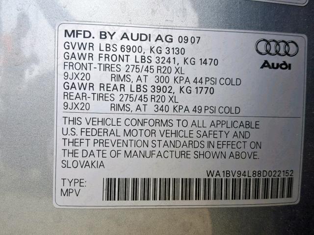 WA1BV94L88D022152 - 2008 AUDI Q7 4.2 QUA SILVER photo 10