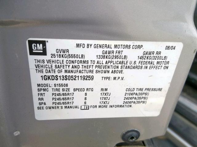 1GKDS13S052119259 - 2005 GMC ENVOY SILVER photo 10