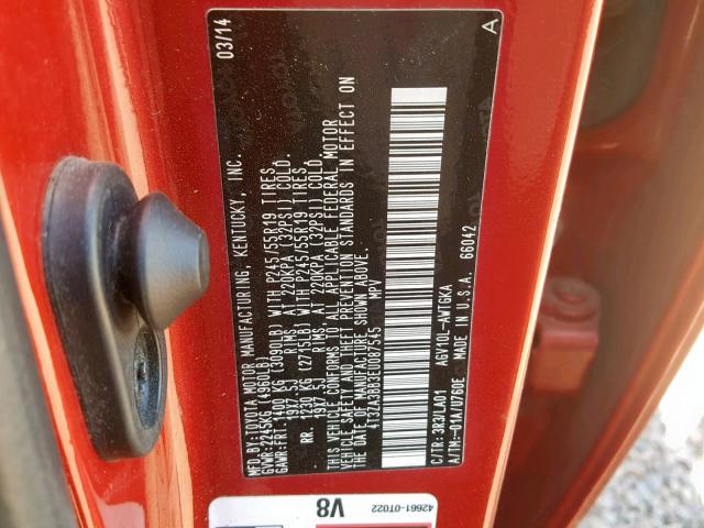 4T3ZA3BB3EU087545 - 2014 TOYOTA VENZA LE RED photo 10