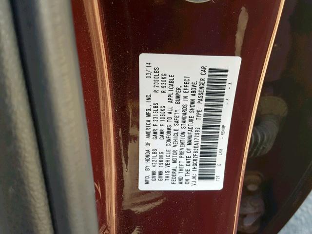 1HGCR2F83EA177592 - 2014 HONDA ACCORD EXL RED photo 10