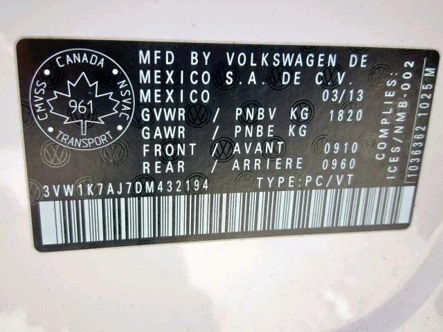 3VW1K7AJ7DM432194 - 2013 VOLKSWAGEN JETTA BASE 白色 照片 10