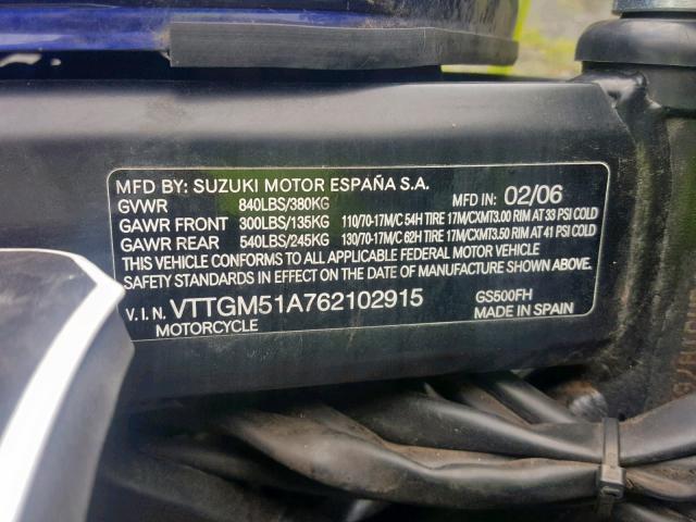 VTTGM51A762102915 - 2006 SUZUKI GS500 FK TWO TONE photo 10