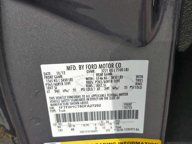 1FTFW1CT8DFA27292 - 2013 FORD F150 SUPER GRAY photo 10