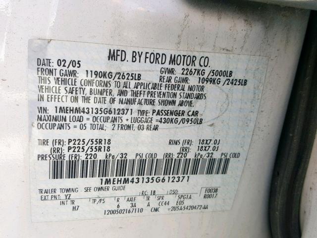 1MEHM43135G612371 - 2005 MERCURY MONTEGO PR 白色 照片 9