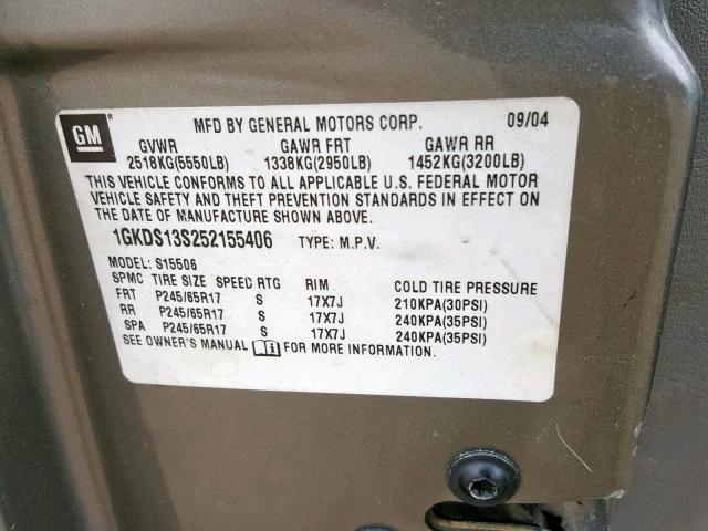 1GKDS13S252155406 - 2005 GMC ENVOY TAN photo 10