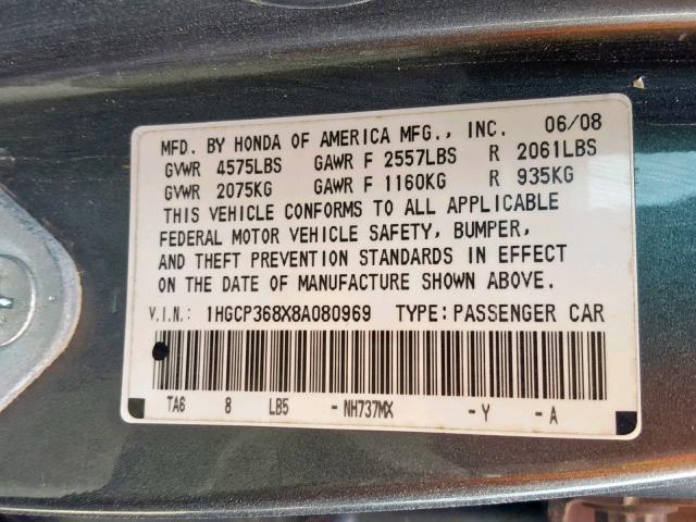 1HGCP368X8A080969 - 2008 HONDA ACCORD EXL GRAY photo 10