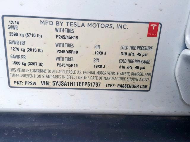 5YJSA1H11EFP61797 - 2014 TESLA MODEL S თეთრი ფოტო 10