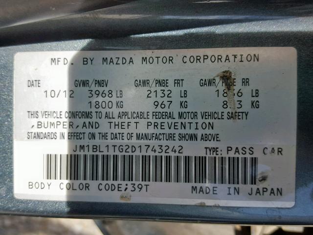 JM1BL1TG2D1743242 - 2013 MAZDA 3 I TEAL photo 10