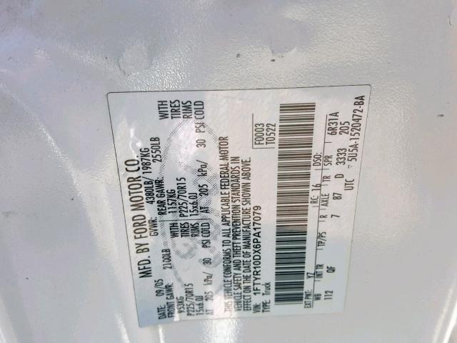 1FTYR10DX6PA17079 - 2006 FORD RANGER WHITE photo 10