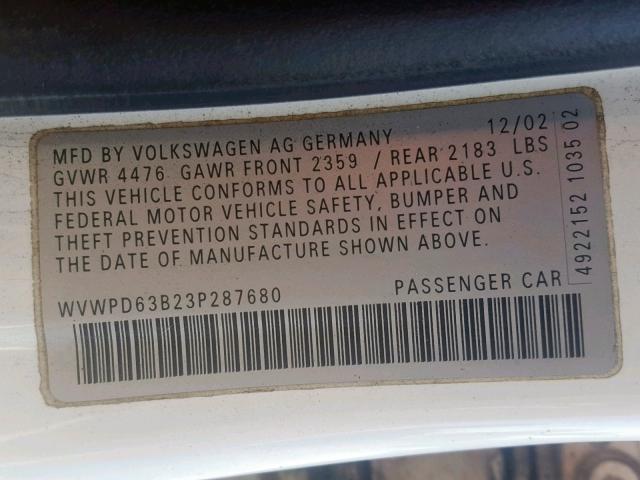 WVWPD63B23P287680 - 2003 VOLKSWAGEN PASSAT GLS WHITE photo 10