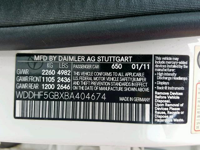 WDDHF5GBXBA404674 - 2011 MERCEDES-BENZ E 350 WHITE photo 10